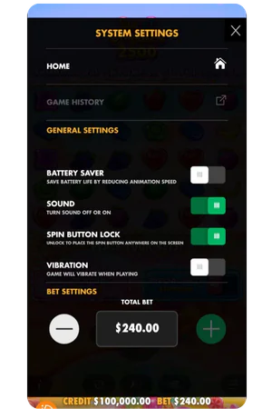 Sweet Bonanza 2500 game settings panel